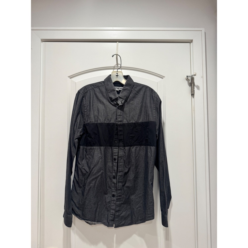Express Mens Charcoal Gray Long Sleeve‎ Button Down Shirt Patch Detail Size M